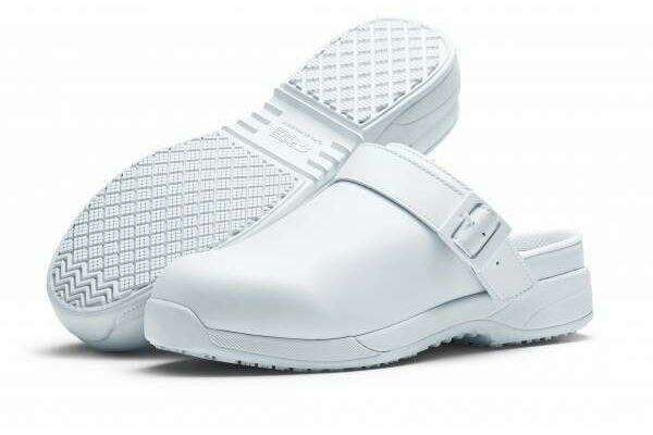 A white pair of Triston II OB clogs, a comfortable shoe for healthcare professionals