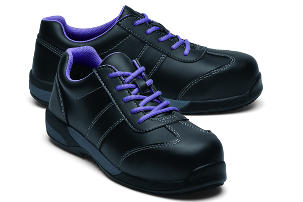 Chaussures de sécurité légères et confortables pour le commerce de détail : modèle Bonnie noir avec lacets violets
