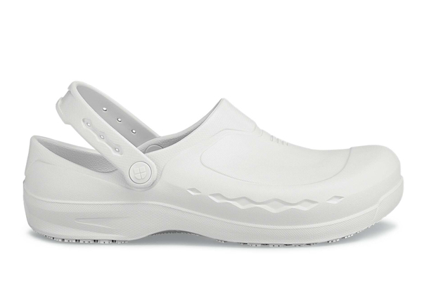 White pair of Zinc nurses’ footwear from Shoes For Crews with cushioning and support for long shifts