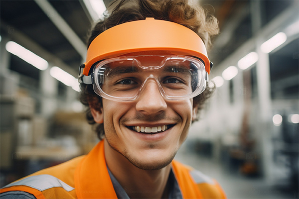 Manufacturing worker wearing an orange visor and clear safety goggles