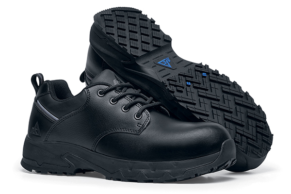 Forkhill safety shoe with slip and clog-resistant outsole featuring TripGuard